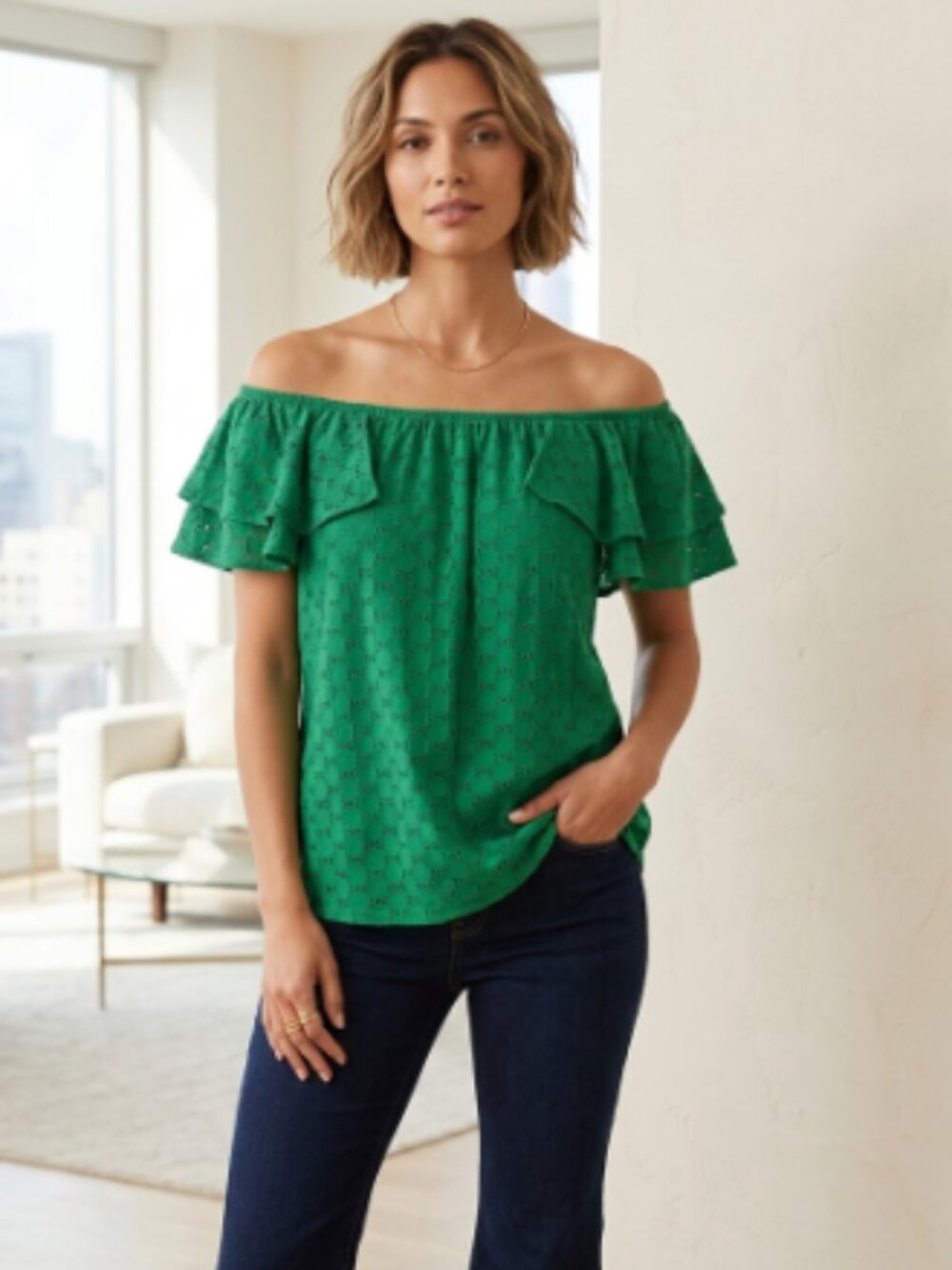 Kim & Cami Kelly Green Off-The-Shoulder/Flutter Sleeve Eyelet Top Size Medium